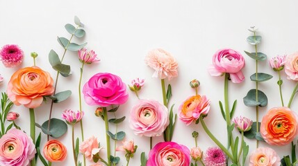 Floral border of pink and orange ranunculus, hyacinth and eucalyptus on a white background. Top view