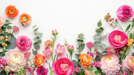 Floral border of pink and orange ranunculus, hyacinth and eucalyptus on a white background. Top view