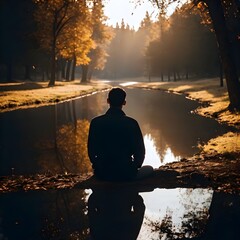 an individual who is contemplating, represents the importance of self-reflection in the journey of life's learning.  concept of justification of life