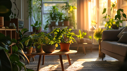 Luz suave difusa filtra através de uma janela ensolarada lançando um brilho convidativo sobre uma sala de estar aconchegante