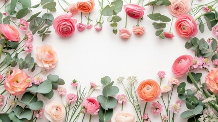 Floral border of pink and orange ranunculus, hyacinth and eucalyptus on a white background. Top view