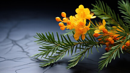 Vibrant yellow mimosa branches against a dark background, a striking image that exudes the warmth and brightness of spring.