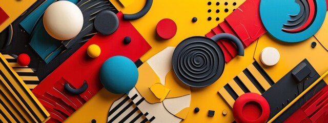 A vibrant collage of geometric shapes and music elements, a playful and modern representation of sound and creativity.