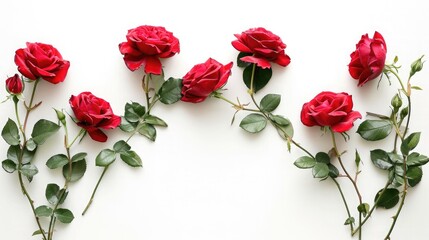 Six branches of wild red tea roses arranged in half circle on white background. Photo with copy blank space.