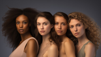 Portrait of different women of different races, diverse group of women, different hair types and skin tones.