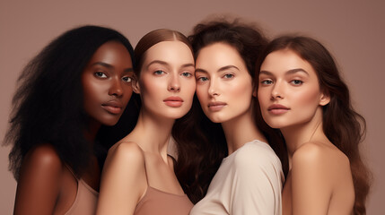 Fototapeta premium Portrait of different women of different races. Women's History Month, diverse group of women, different hair types and skin tones.