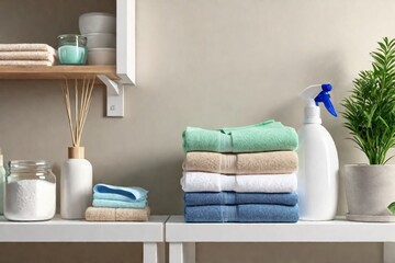 Three glass jars filled with white, blue and beige washing powder on shelf in laundry room 