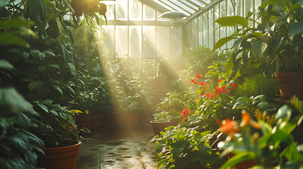 A suave luz difusa filtra-se através da estufa enevoada lançando um brilho suave sobre o vibrante mundo botânico dentro