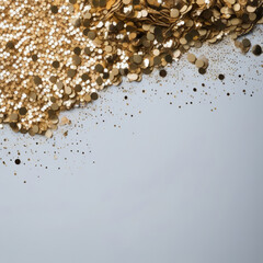 close up of a round shaped gold particles and pieces dumped on a white background with space at the bottom