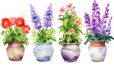 Beautiful watercolor flower pots, Generative AI