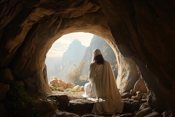 Resurrection moment: jesus christ's rebirth, the unveiling of the tomb in the sacred cave, a divine narrative of hope, faith, and spiritual awakening in Christian tradition Easter - obrazy, fototapety, plakaty