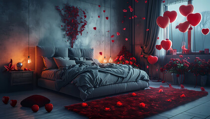valentine day romantic bedroom - obrazy, fototapety, plakaty