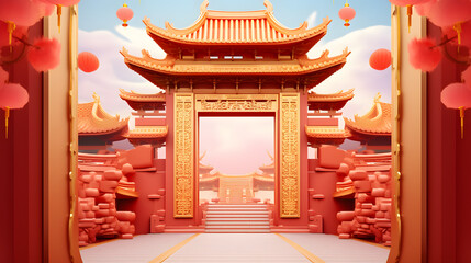 stage background of traditional chinese new year with open doors