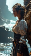 Fototapeta premium Adventurous spirit: a female pirate of the Caribbean dons corsair clothing, sailing the high seas with swashbuckling style and a rebellious flair for maritime plunder and daring escapades.