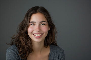 Fototapeta premium A woman with long brown hair is smiling and wearing a grey shirt
