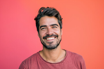 Fototapeta premium A man with a beard is smiling in front of a pink background