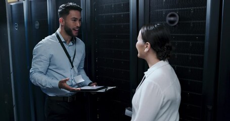 Business people, handshake and information technology with server room, team and intro for cybersecurity. Inspection, maintenance and system update with discussion, shaking hands and data center - Powered by Adobe