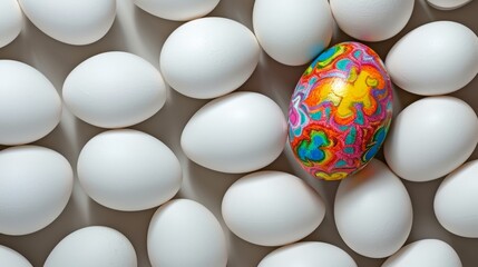 One wild and colorful egg in a group of white eggs. 