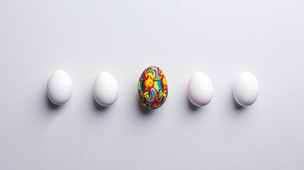 One wild and colorful egg in a group of white eggs. 