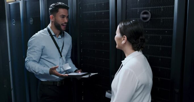 Business people, handshake and information technology with server room, team and intro for cybersecurity. Inspection, maintenance and system update with discussion, shaking hands and data center