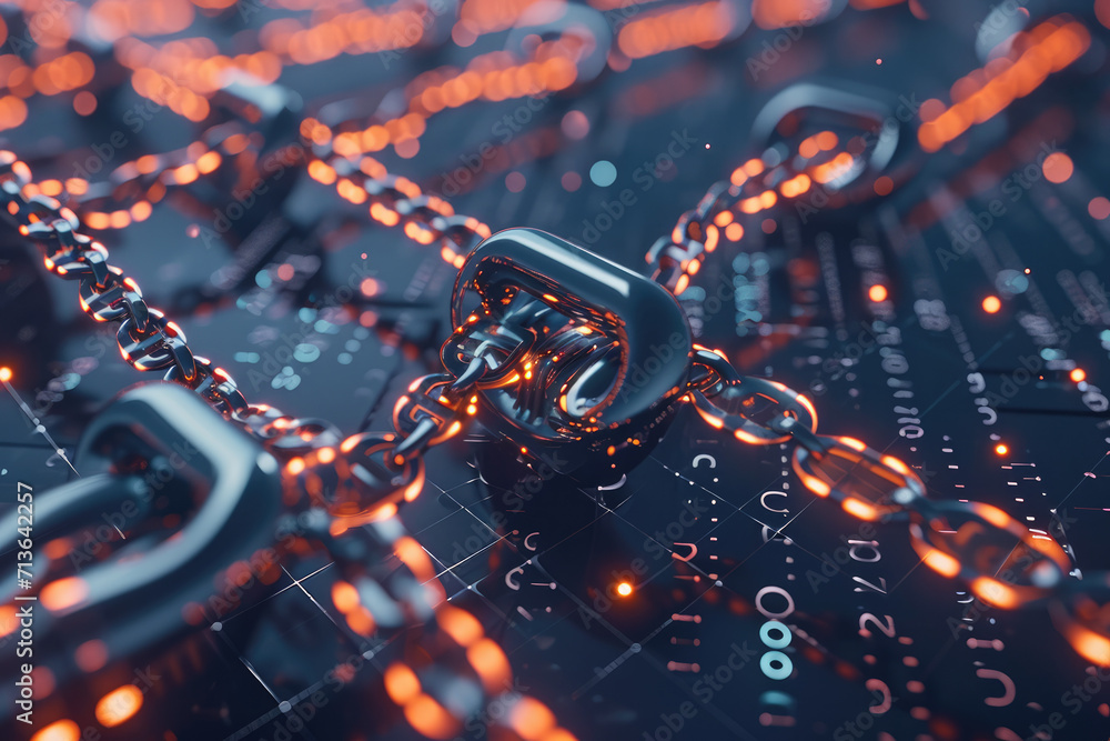 Poster A close up of a chain with a binary background