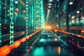 A computer generated image of a warehouse with a lot of lights