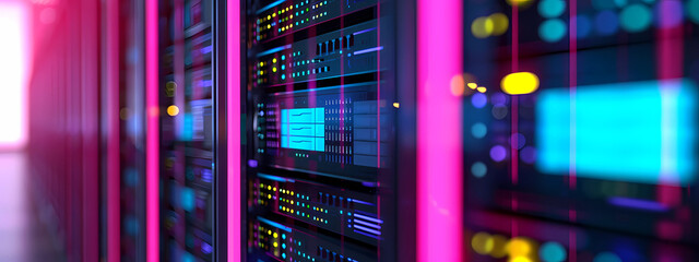 the server room in the rack with colorful lights on it - obrazy, fototapety, plakaty