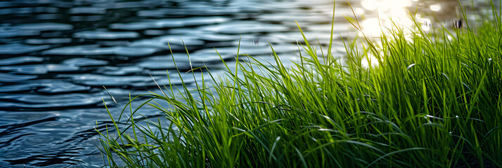 Green grass near the water
 - Powered by Adobe