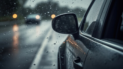 Blurred Raindrop Reflection on Wet Car Window, Rainy City Street Background