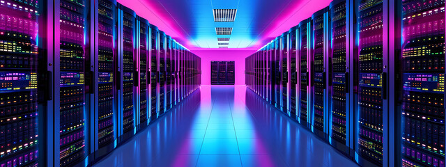 the server room in the rack with colorful lights on it - obrazy, fototapety, plakaty