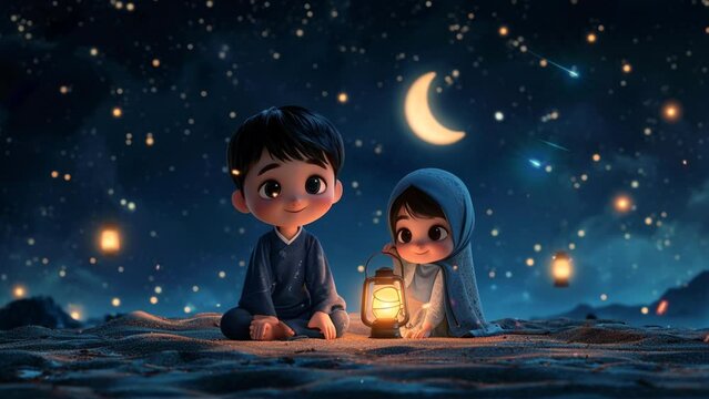 Cartoon of a boy and girl on the dazzling night of Ramadan with the moon shining  bright. Seamless looping 4k time-lapse virtual video animation background 