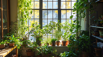 Fototapeta na wymiar Luz natural suave entra pelas grandes janelas lançando um brilho quente e convidativo sobre o jardim interno cuidadosamente planejado