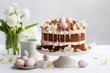 Easter layered cake with frosting and drips of glaze decorated with chocolate eggs - obrazy, fototapety, plakaty