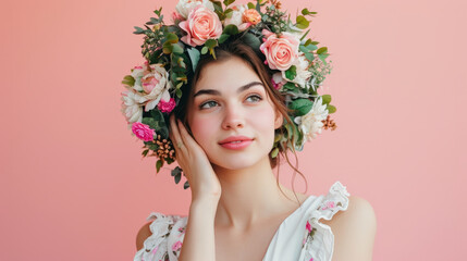 Blossoming Dreams, A Visionary Woman Embracing Nature With a Whimsical Floral Crown