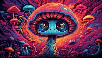 graffiti monster Psychedelic mushroom trippy  in the city a cute creatures that resemble mushrooms with neon colors with cute eyes