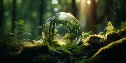 An abstract glass sphere on the forest floor, captivating cityscapes, animated gifs, epic landscapes, eco-friendly craftsmanship, concept art, captures the essence of nature.