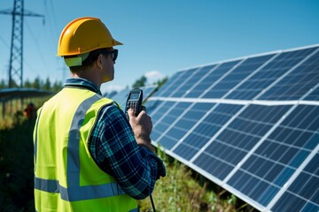 A Professional engineer or expert technician using radio communication or walkie-talkie to order work, control, advice or explain situation to employees in outdoor solar panel farm renewable energy - obrazy, fototapety, plakaty