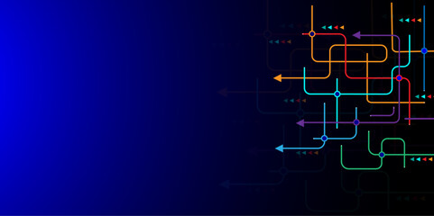 Abstract multi colored lines connection. Digital technology blue background. Concept with technology line light. Circuit board background technology.
