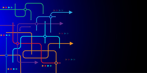 Abstract multi coloured lines connection. Digital technology blue background. Futuristic circuit board technology, computer tech and communication concept background.