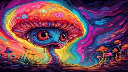 close up monster Psychedelic mushroom trippy  of a creatures that resemble mushrooms with neon colors with cute eyes