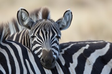 Fototapeta na wymiar A zebra foal, Equus quagga, rests its head on the back of another zebra