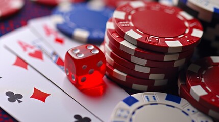 Pile of casino chips and deck of playing cards for gambling and entertainment