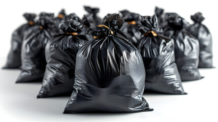 Black garbage bags stack isolated on white background