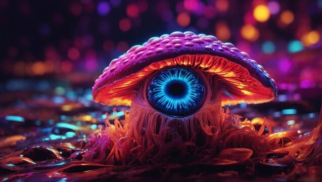 creatures that resemble mushrooms with neon colors with big eyes monster Psychedelic mushroom trippy  in aquarium