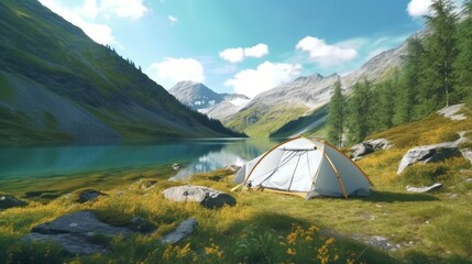 A camping tent in a nature hiking spot Relaxing during Ai Generative