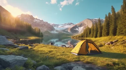 Zelfklevend Fotobehang A camping tent in a nature hiking spot Relaxing during Ai Generative © Biswajit