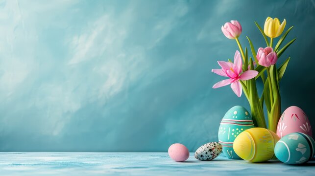 Easter-themed backdrop with a variety of colorful egg decorations and a spacious area for text.
