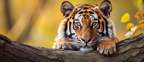 Tiger Resting on Tree Branch in Forest
