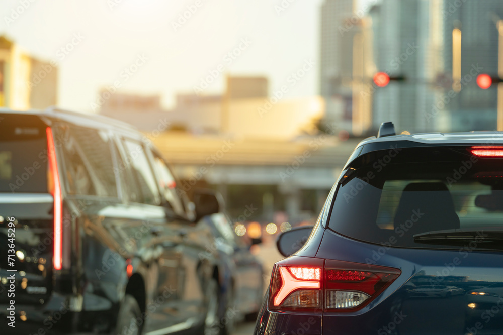 Poster Cars traffic driving at intersection on American street with traffic lights in Miami, Florida. USA transportation