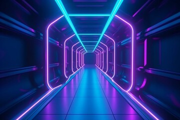 Abstract tunnel background with neon glowing blue and purple lights in a futuristic underground corridor. Generative AI